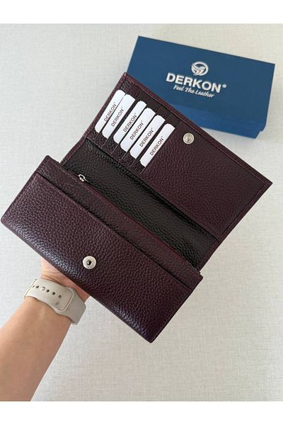 DERKON Genuine Leather Vendy Model Women's Wallet with Plenty of Eyes Claret Red