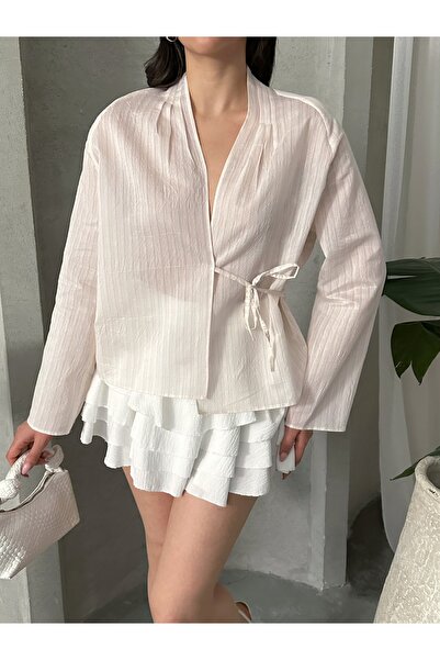 MD trend Women's V-Neck Lace-Up Blouse