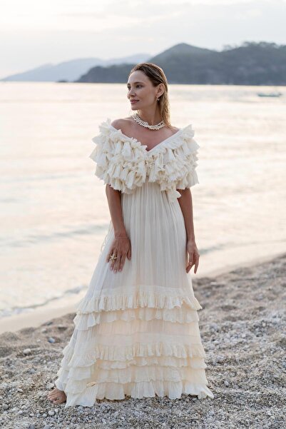 Şaman Butik Ekru Önü Arkası V Yakası Fırfırlı Volanlı Bohem Elbise