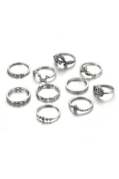 Tessero Set de 10 inele de damă placate cu argint, diferite modele