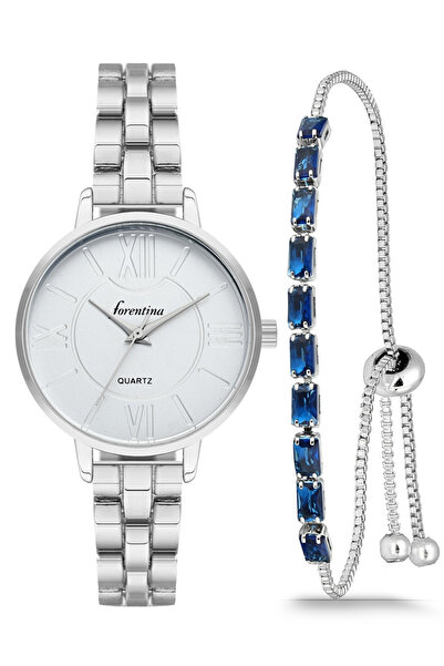 Forentina Gri Metal Kol Saati-Lacivert Taşlı Asansör Bileklik PS4091