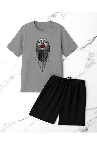 uyguntarz Σετ σορτς μπλουζάκι με στάμπα Unisex Diamonded Woman Portrait Design