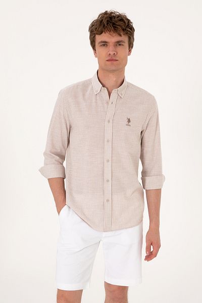 U.S. Polo Assn. Ανδρικό μακρυμάνικο πουκάμισο Camel 50300182-VR015