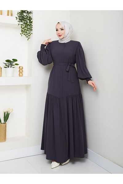 KMKkombin Pleated Waist Hidden Zipper Belt Balloon Sleeve Ferace-1031