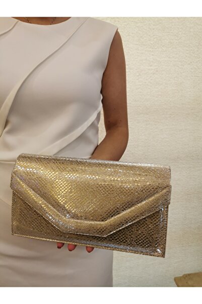 BEEGİ CONCEPT Women's Snake Skin Printed Golden Evening Dress Clutch Night Ch...