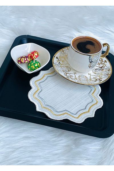 Mora Tekstil Gold and Silver Glitter Presentation Napkin, Embroidered Coffee Coaster, 6-Piece Cocktail Napkin, Coffee Coaster
