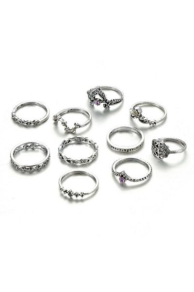 Tessero Set de 10 inele de damă placate cu argint, diferite modele