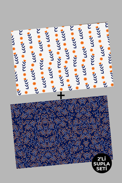 EsnafAli Lacivert Turuncu Çiçek Desenli 2'li Supla Amerikan Servisi Seti