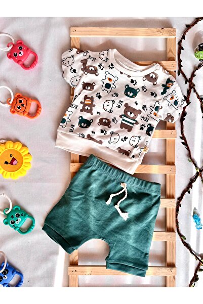 KapsülBebek 100% Organic Cotton Unisex Summer Baby Set – Teddy Bear Patterned T-Shirt & Green Shorts Set of 2