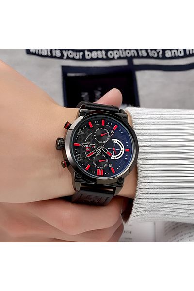 Naviforce Black leather strap & red/black multi hand dial men’s sports wrist watch