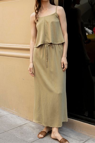 My Blog Khaki Strap Blouse and Elastic Waist Skirt Set - 51165