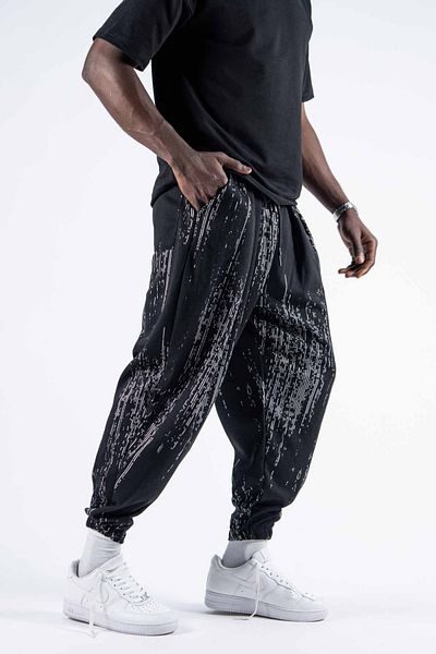 Superbluemexico Men's Stripe Patterned Loose Black Baggy Trousers