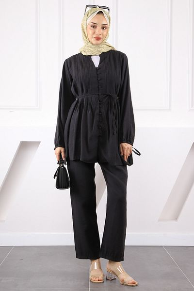 İmajButik Black Ribbed Tunic Pants Suit