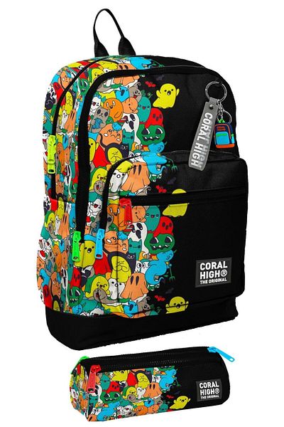 Coral High Set rucsac cu patru ochi și suport pentru stilou pentru băieți de școală primară - fantome negre