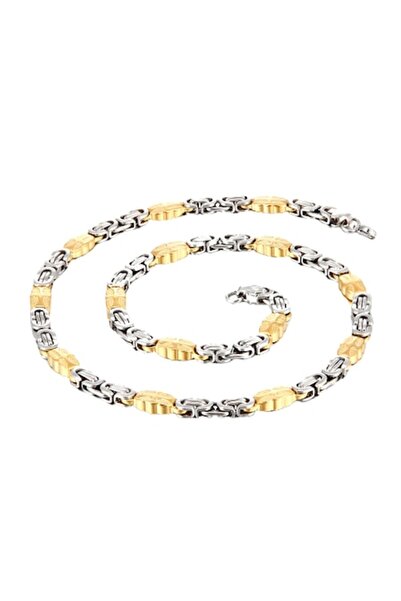 Tessero Lant de gat in doua culori, model Byzantine cu catarama plata, otel inoxidabil, placat cu aur 18K, 7