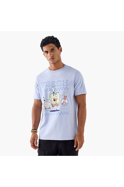 FAV Spongebob Square Pants Print Crew Neck T-shirt with Short Sleeves
