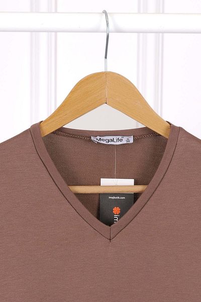 İmajButik Кафява тениска с къс ръкав и V-образно деколте