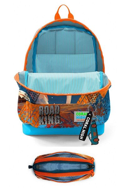 Coral High Primary School Boy's Four-Eye Backpack and Pen Holder Set - Blue Orange Land Vehicle