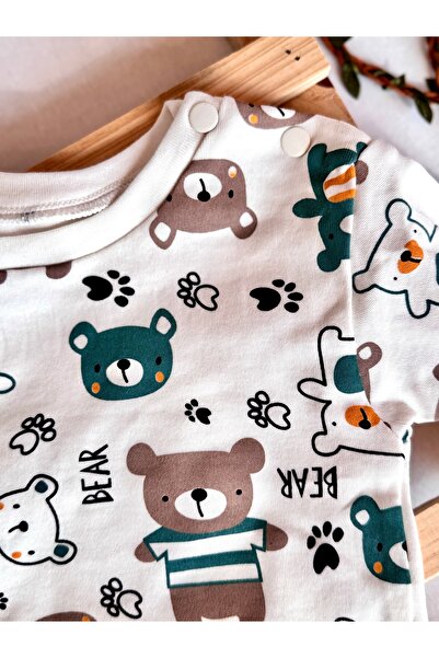 KapsülBebek 100% Organic Cotton Unisex Summer Baby Set – Teddy Bear Patterned T-Shirt & Green Shorts Set of 2