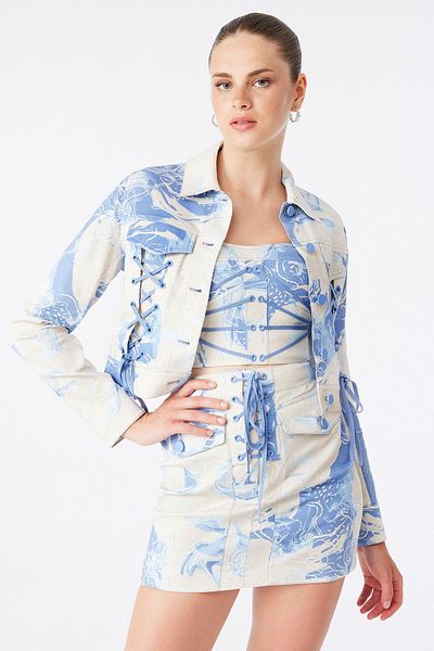 rue. Indigo Patterned Jacket with Rope Detail