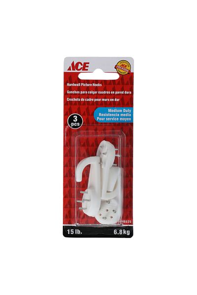 ACE Medium Duty Hard wall Picture Hanging Hooks White 1inch