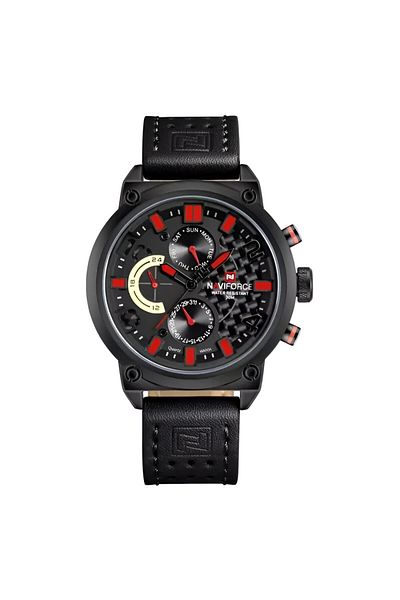Naviforce Black leather strap & red/black multi hand dial men’s sports wrist watch