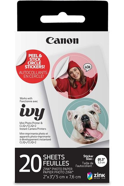 Canon Ivy Zink Pre-Cut Circle Sticker Paper, 20 Sheets