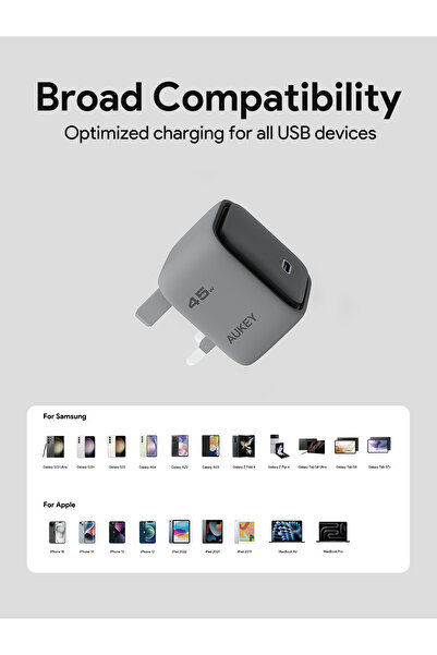 AUKEY Comet 45W World Most Compact GAN Technology and PD Wall Charger PA-C2 Gray
