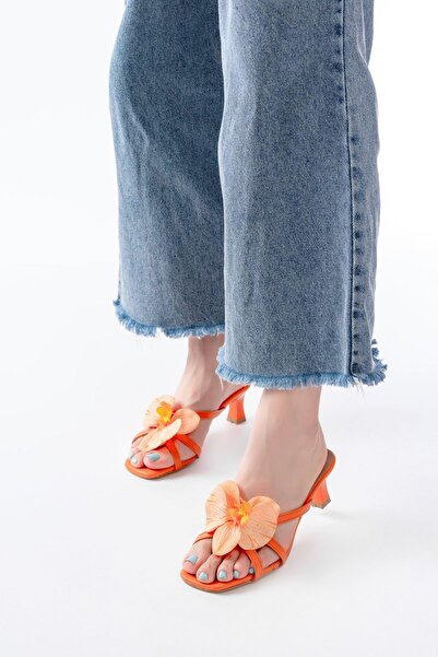 Aymood S-622 Orange Orchid Detailed Thin Heeled Women's Slippers