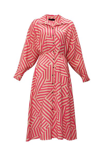 Sezgi Tekin Floor-Length Buttoned Geometric Pattern Pink Dress