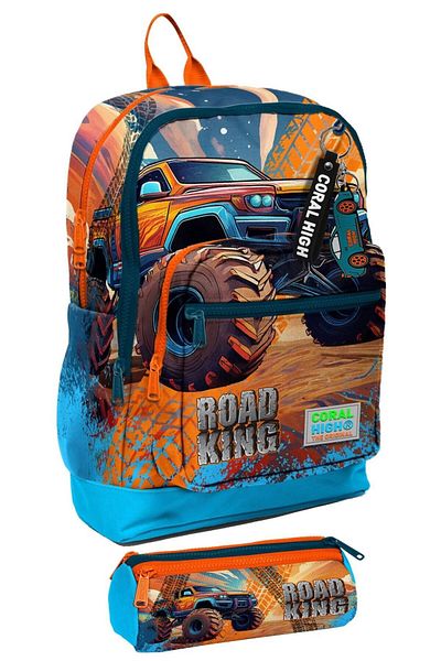 Coral High Primary School Boy's Four-Eye Backpack and Pen Holder Set - Blue Orange Land Vehicle