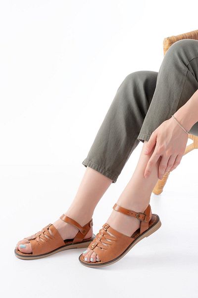 Aymood 205-029 Tan Orthopedic Genuine Leather Women's Sandals
