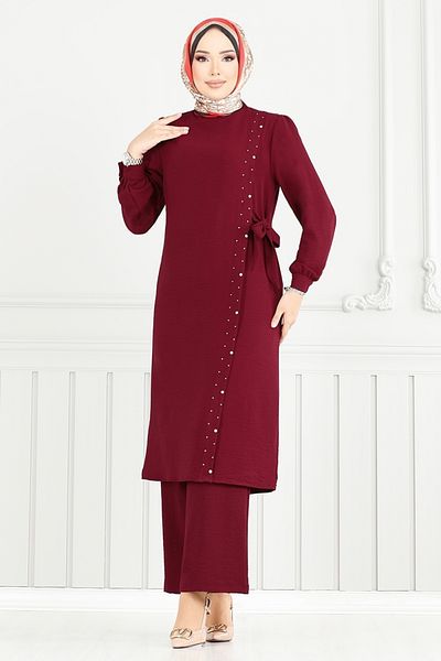 ModaMerve Side Lace Aerobin Suit 9145Pl940-M Claret Red