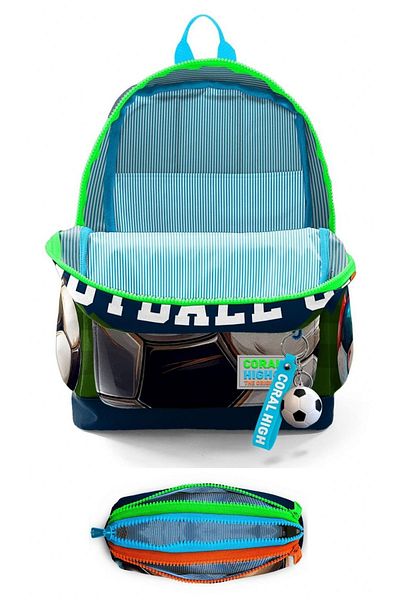 Coral High Set rucsac cu patru compartimente și suport pentru stilou pentru băieți de școală primară - Fotbal albastru-marin verde
