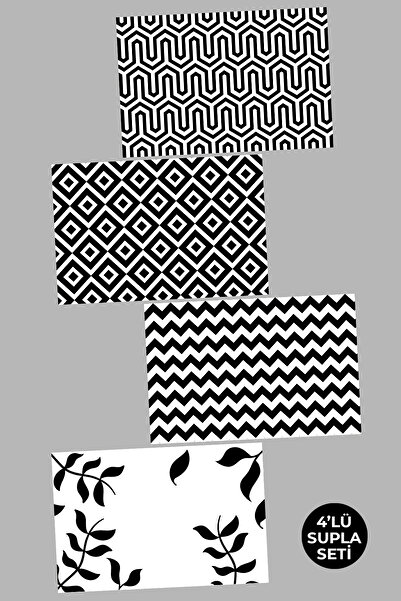 EsnafAli Set de 4 farfurii americane cu model geometric alb-negru