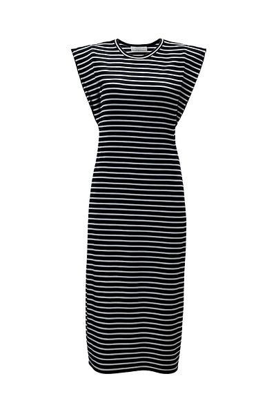 Sezgi Tekin T Sleeve Slit Detail Textured Black Striped Dress