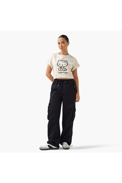 SP Characters Hello Kitty Print Crop T-shirt with Extended Sleeves