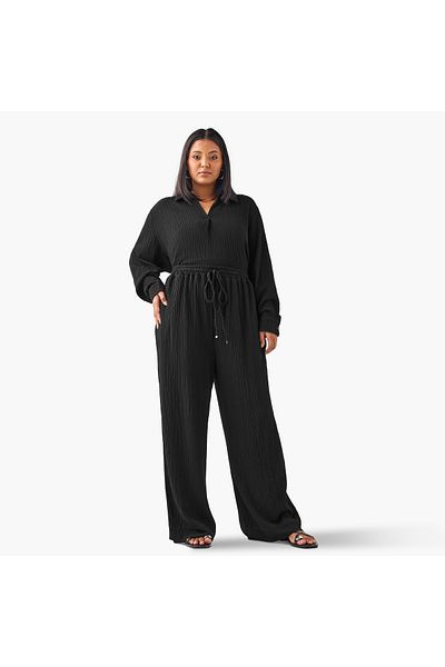 Ulla Popken Plus Size Ulla Popken Textured Regular Fit Pants with Pockets