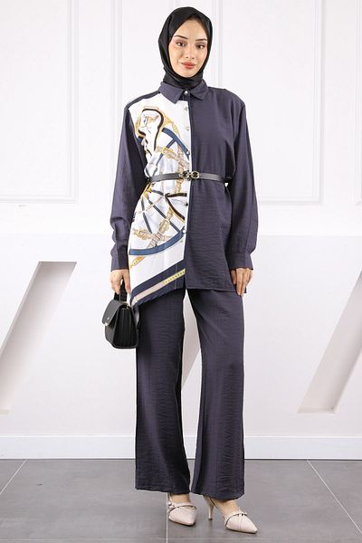 İmajButik Anthracite Patterned Modal Tunic Trouser Suit
