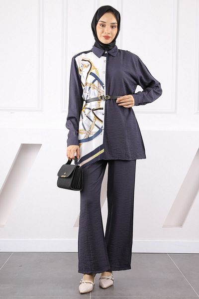 İmajButik Anthracite Patterned Modal Tunic Trouser Suit