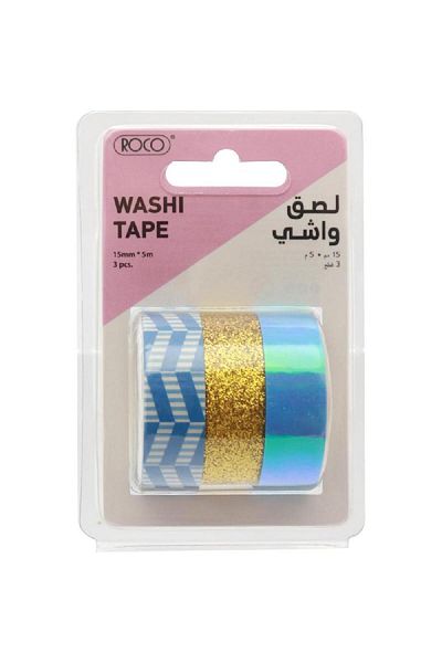 Roco Washi Tape – 3 Reel Glitter Laser Set, 15 mm x 5 m, Assorted Colors