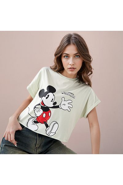 SP Characters Mickey Mouse Print Cropped T-shirt with Crew Neck