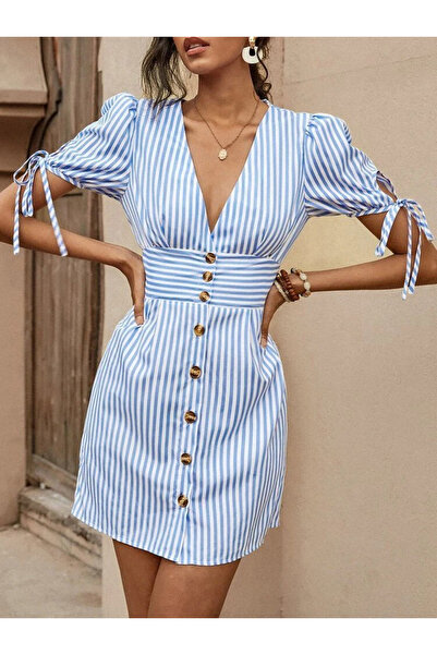 JANES Rochie scurtă din poplin pentru femei, cu mâneci scurte cu șireturi, guler dublu, nasturi în față