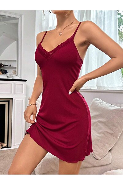 NEEWSTORE Burgundy Lace Trimmed Strap Pajamas Mini Nightgown