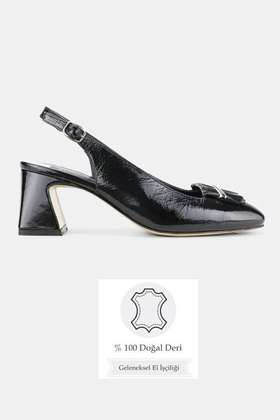 TUNAELLİ Women's Black Patent Leather Genuine Leather 35-41 Number Medium Heel Back Open Shoes