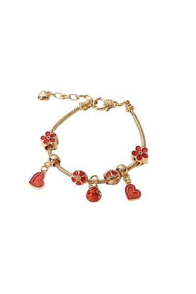 Tessero Bratara de dama cu charmuri inimioare si flori, placata cu aur 18K, marime reglabila 17cm+4, auriu