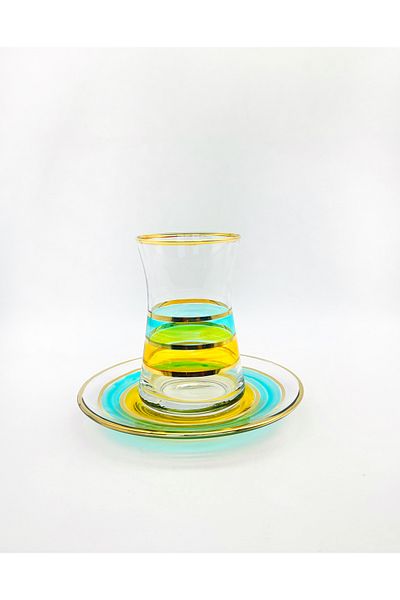 ÖzcamKristal 12 Piece Summer Gold Gilded Tea Cup Set for 6 People