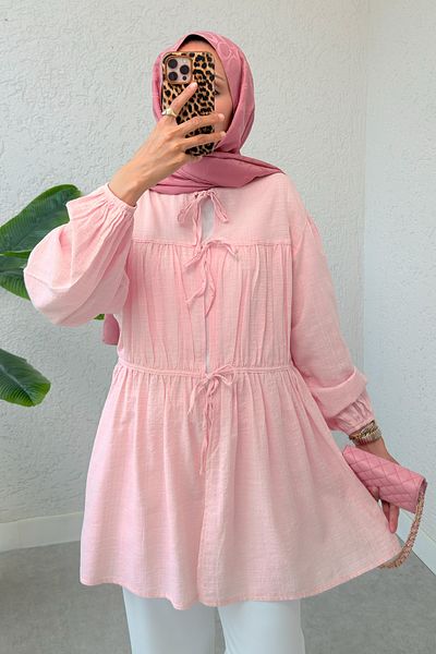 Salih Çelebi Front Gathered Long Tunic 2338 - Pink
