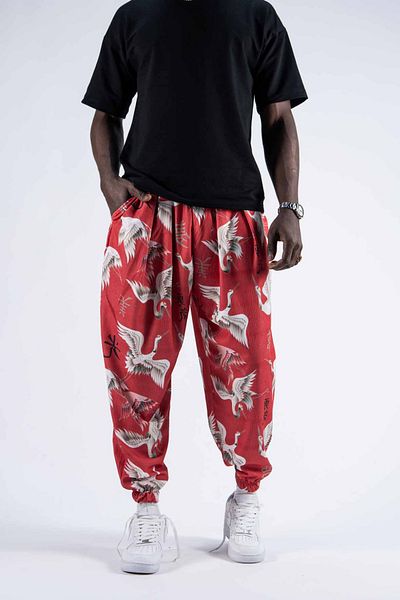 Superbluemexico Men's Elastic Waist Red Jogger Pants