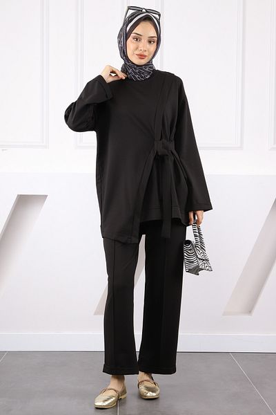 İmajButik Black Asymmetrical Detailed Tunic Pants Suit